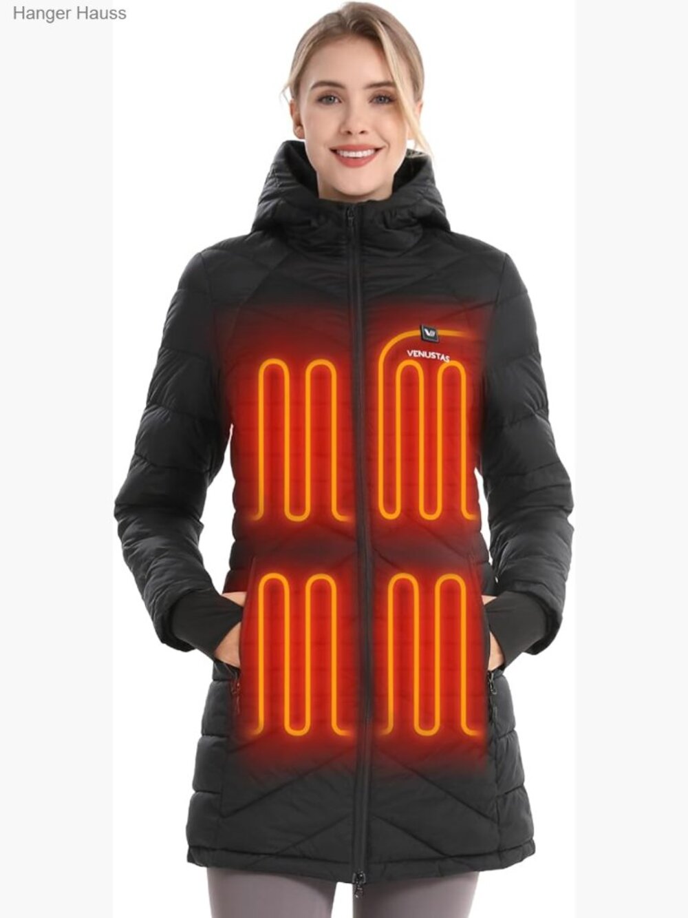 Long Heated Puffer Coat with Battery, Recycled Quilted Winter Jacket Hood